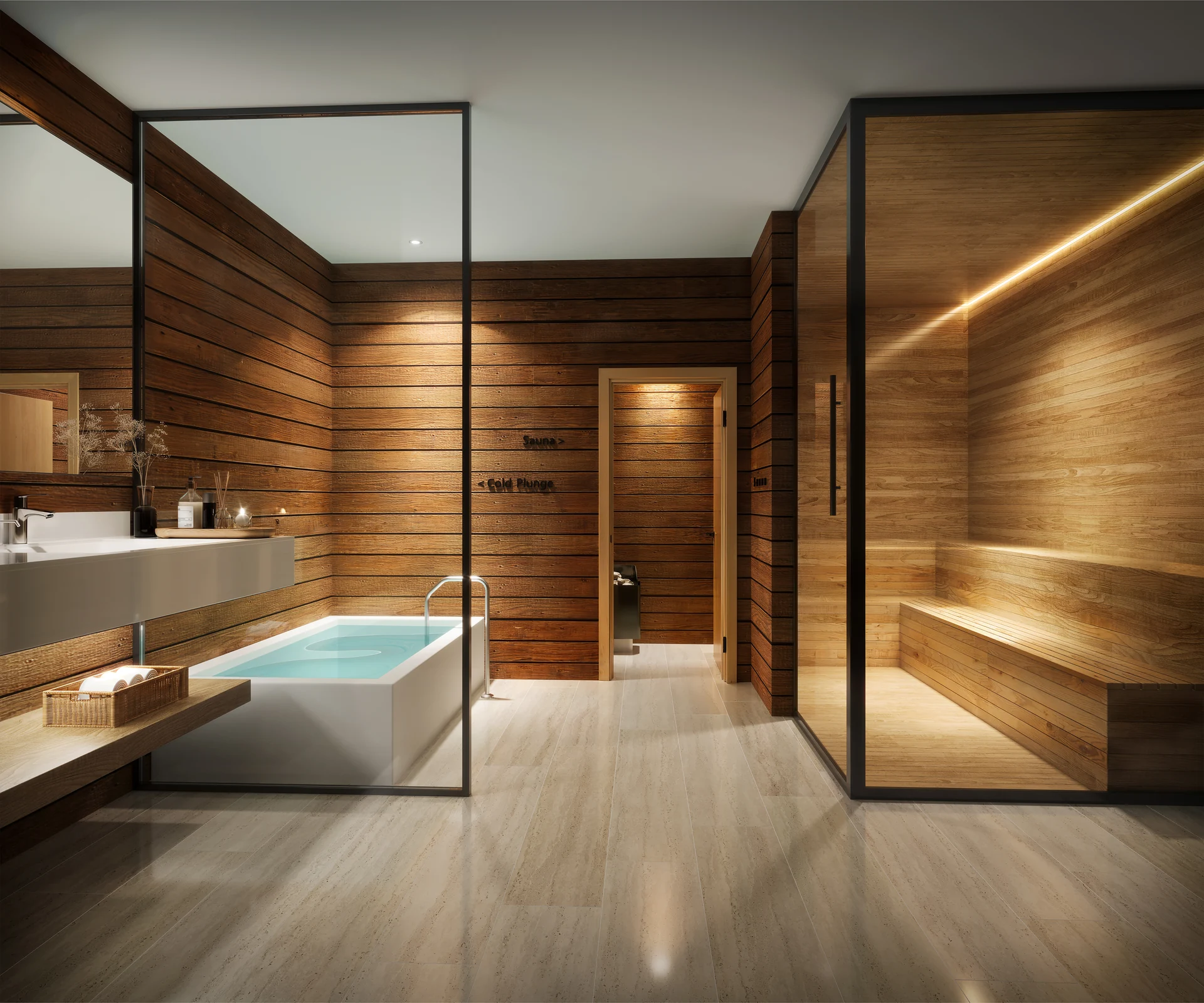 Seven Park Residences — spa con tina de inmersión fría, paredes de madera y sauna acristalada con banca de listones