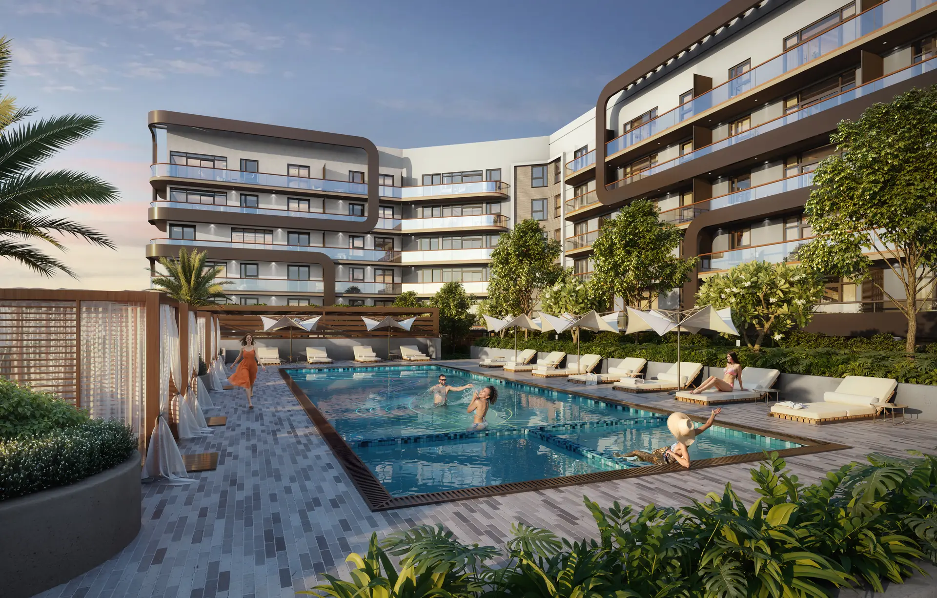 Seven Park Residences — piscina estilo resort con camastros, cabañas de tela y jardineras, con el edificio de fondo al atardecer