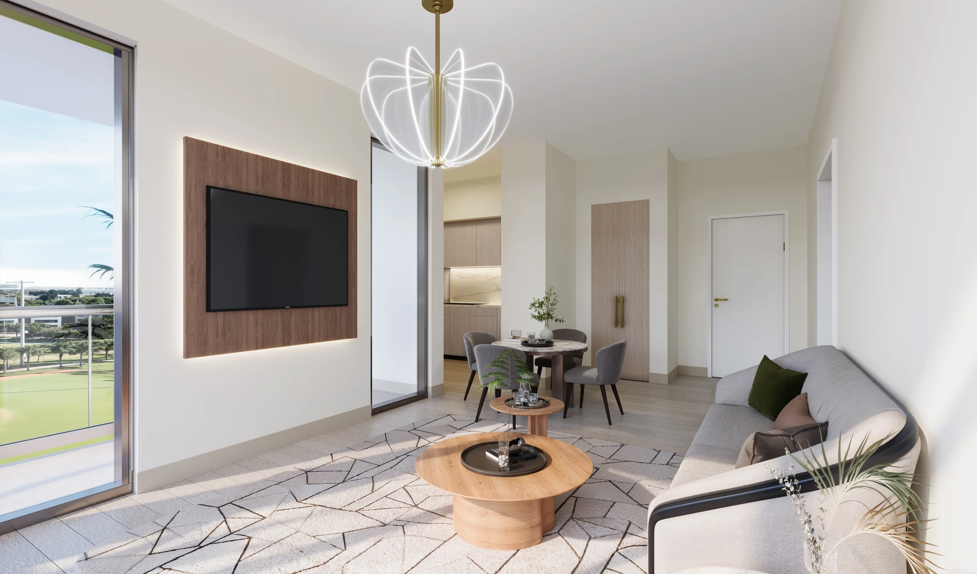 Seven Park Residences — sala y comedor de una residencia amueblada, con panel de madera para televisor y puerta corredera al balcón