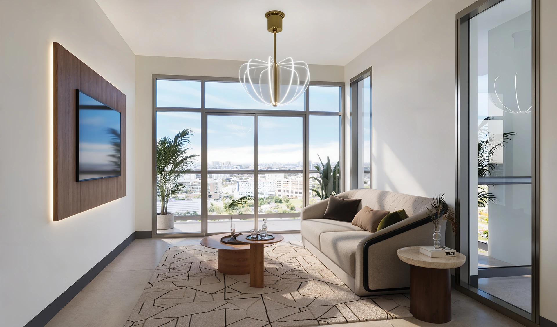 Seven Park Residences — sala de estar con ventanas de vidrio del piso al techo en esquina y salida al balcón