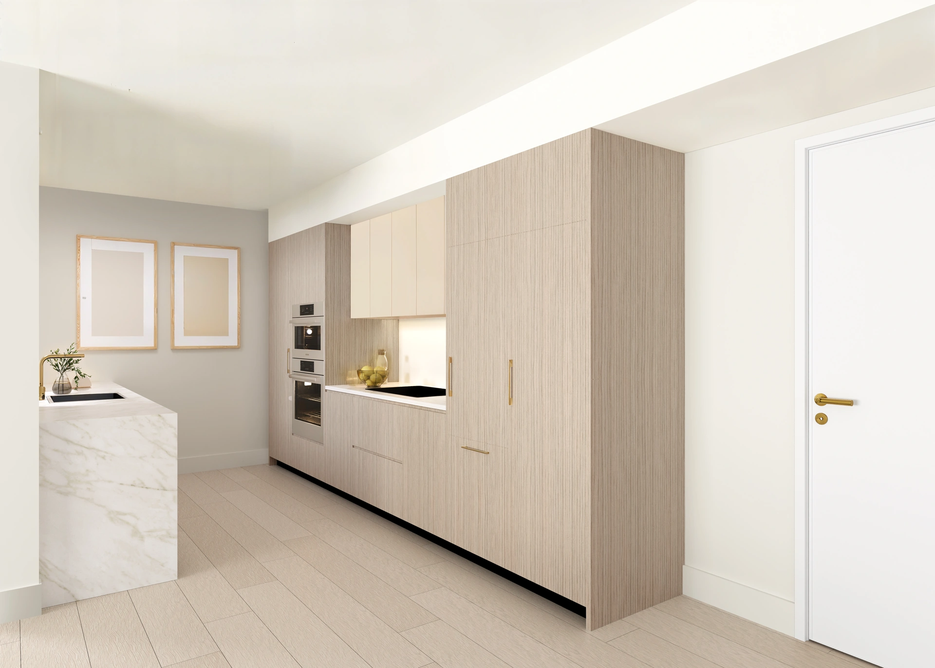Seven Park Residences — cocina italiana lineal con paneles de madera, electrodomésticos empotrados e isla con encimera de piedra