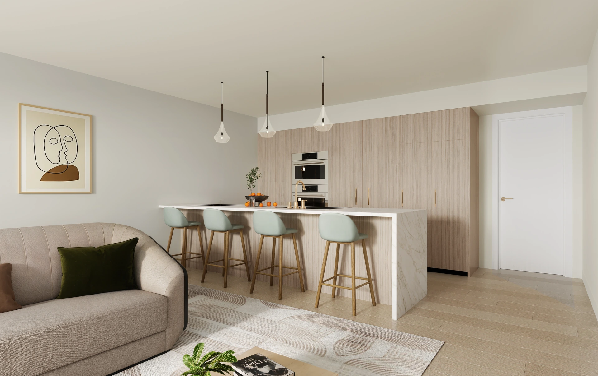 Seven Park Residences — cocina abierta con isla, taburetes altos y horno empotrado, integrada a la sala de estar