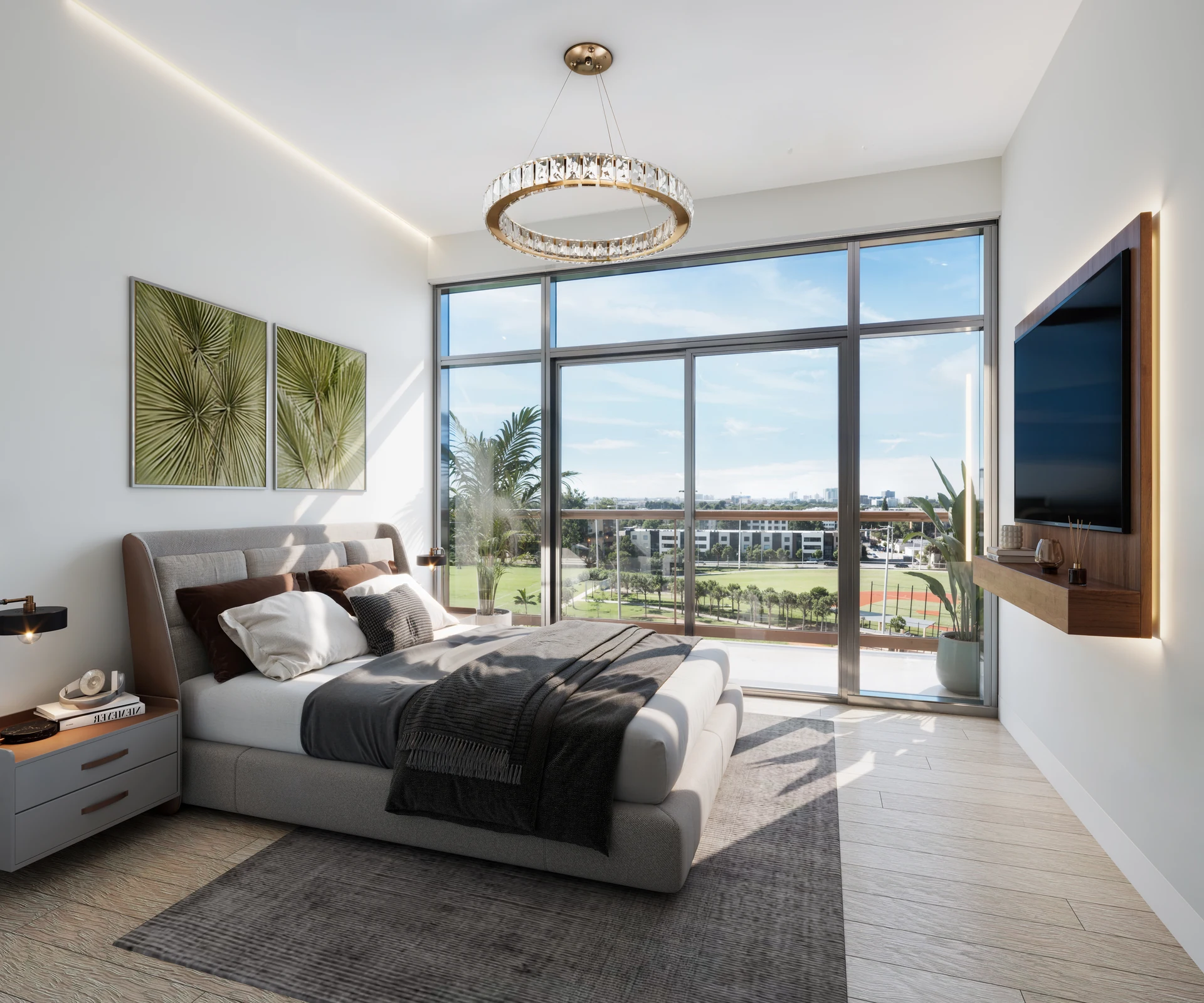 Seven Park Residences — dormitorio principal con ventanal de piso a techo, salida al balcón y vista al parque