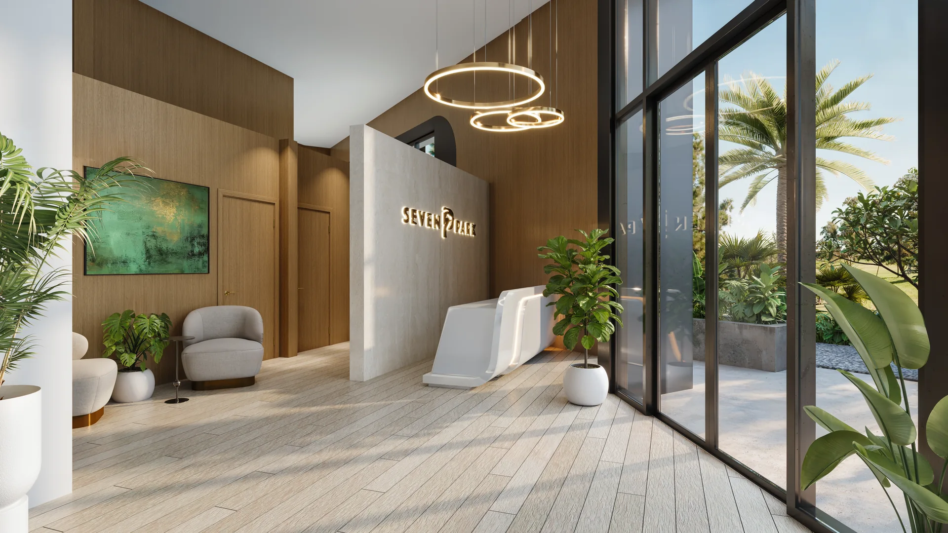 Seven Park Residences — lobby de recepción con paneles de madera, plantas y ventanales de piso a techo al jardín
