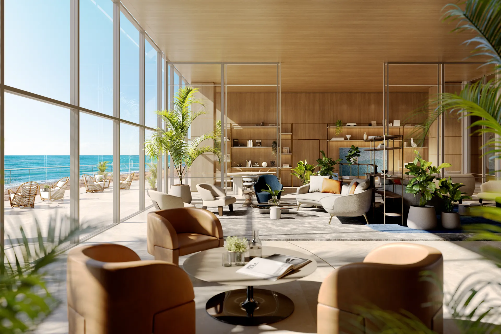 The St. Regis Residences, Sunny Isles Beach, Miami — salón de lectura con estantería y vista a la playa