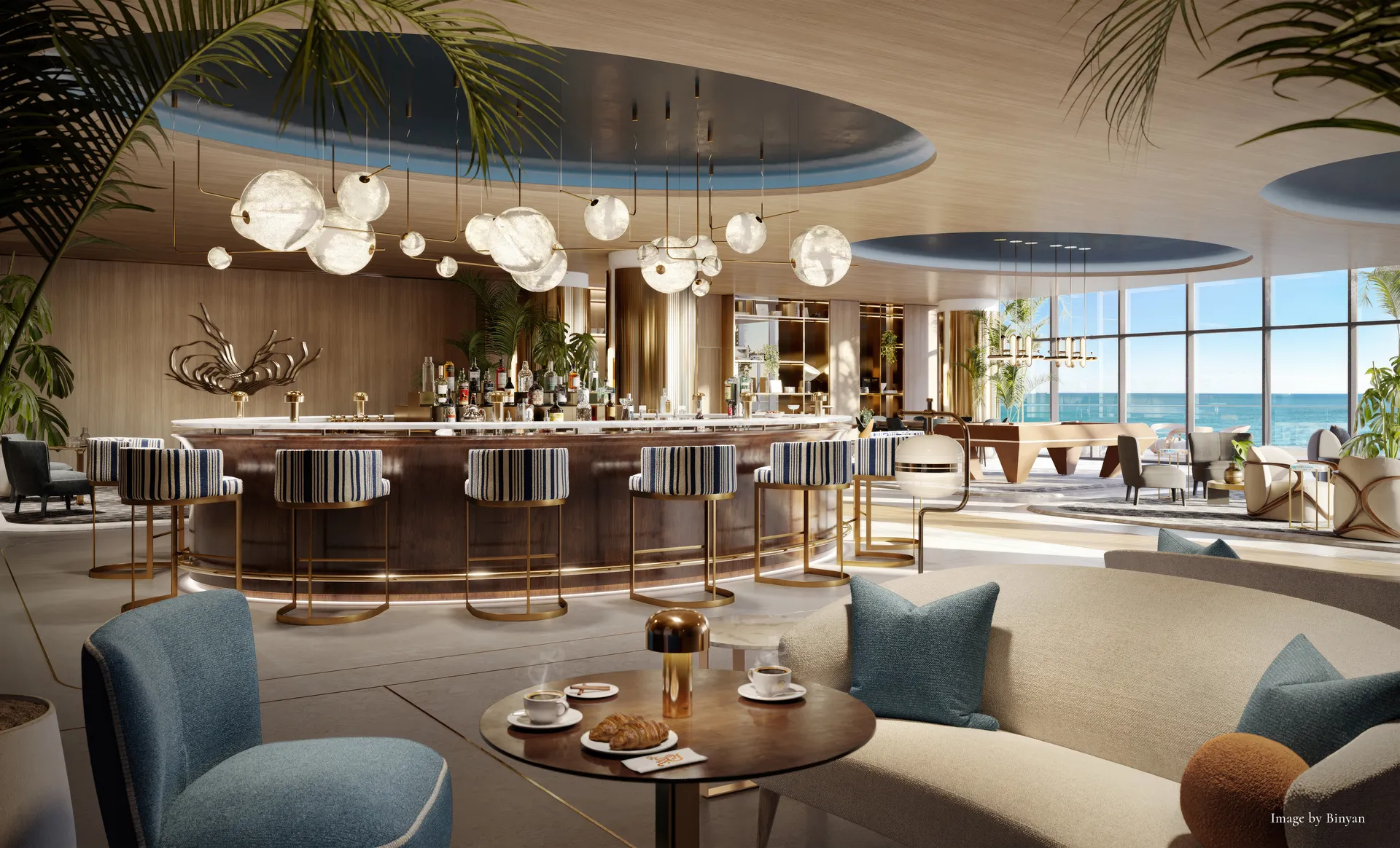 The St. Regis Residences, Sunny Isles Beach, Miami — bar del salón social con mesa de billar y vista al océano