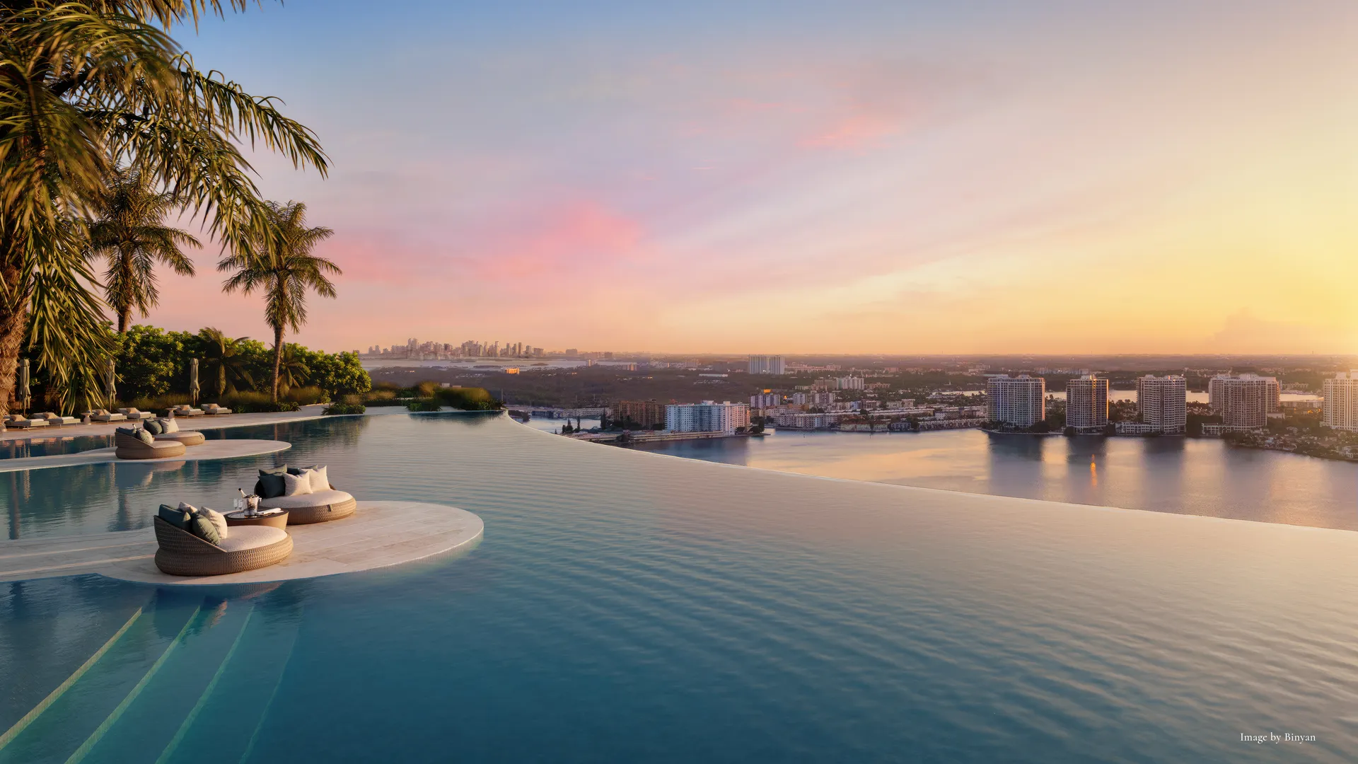 The St. Regis Residences, Sunny Isles Beach, Miami — piscina infinita del Sunset Pool Deck al atardecer