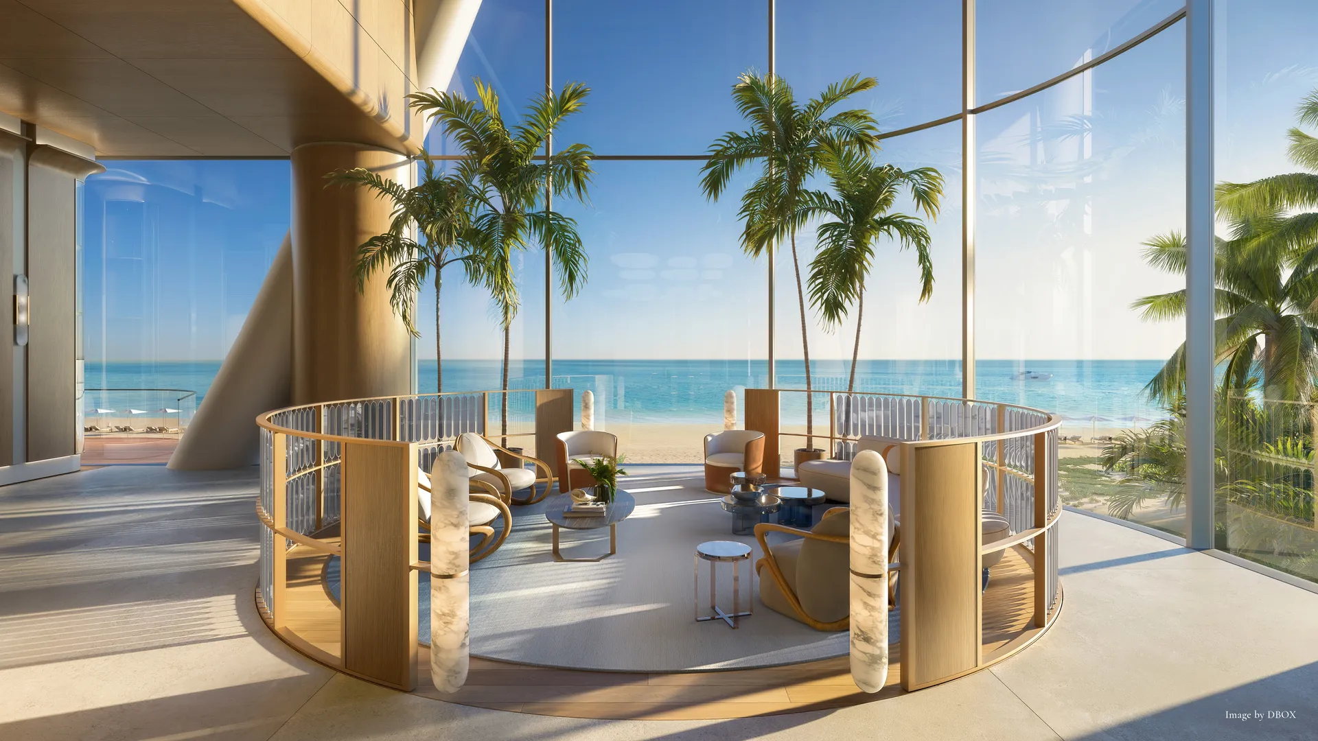 The St. Regis Residences, Sunny Isles Beach, Miami — pabellón acristalado del Beach Club frente a la playa