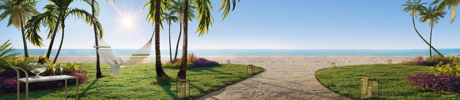The St. Regis Residences, Sunny Isles Beach, Miami — sendero de acceso a la playa entre palmeras