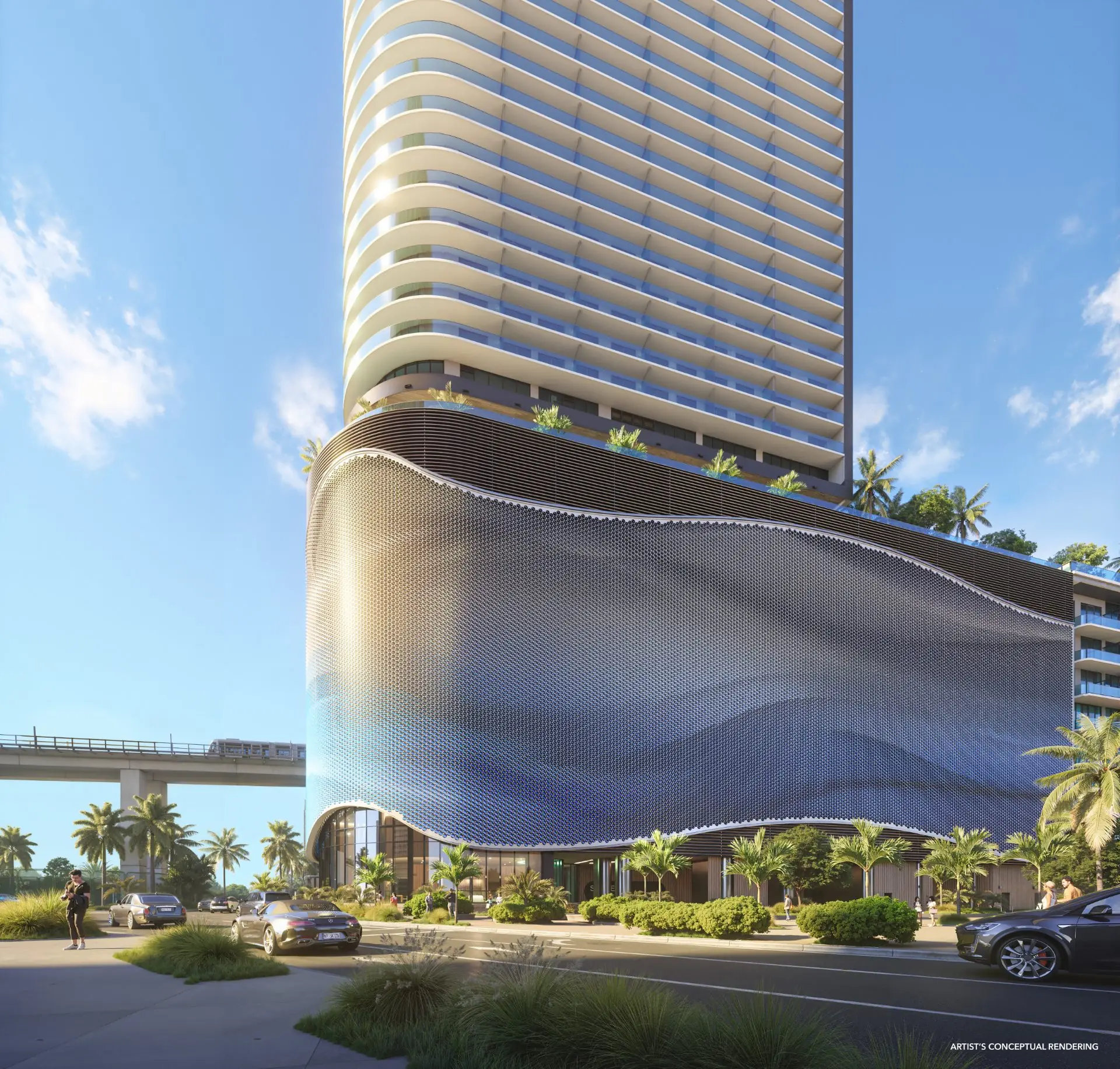 The Standard Residences Brickell — la fachada de lamas curvas de Arquitectonica vista desde abajo