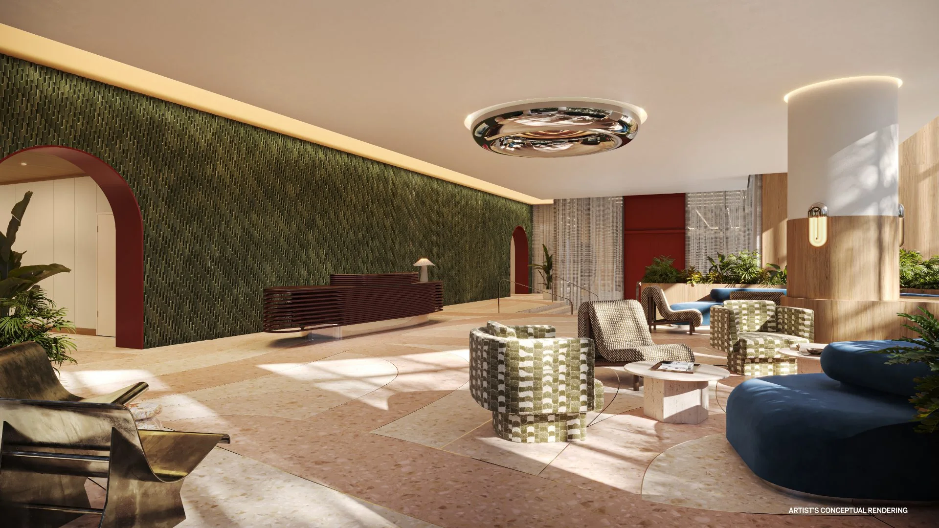 The Standard Residences Brickell — salón social con paneles verdes, latón y mobiliario de autor