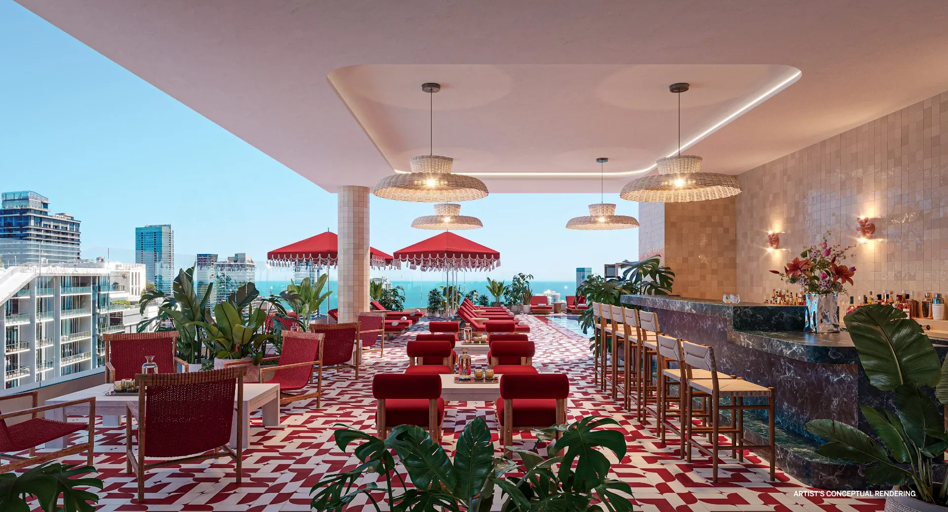 The Standard Residences Brickell — restaurante con terraza exterior, sillas rojas y vista a la ciudad