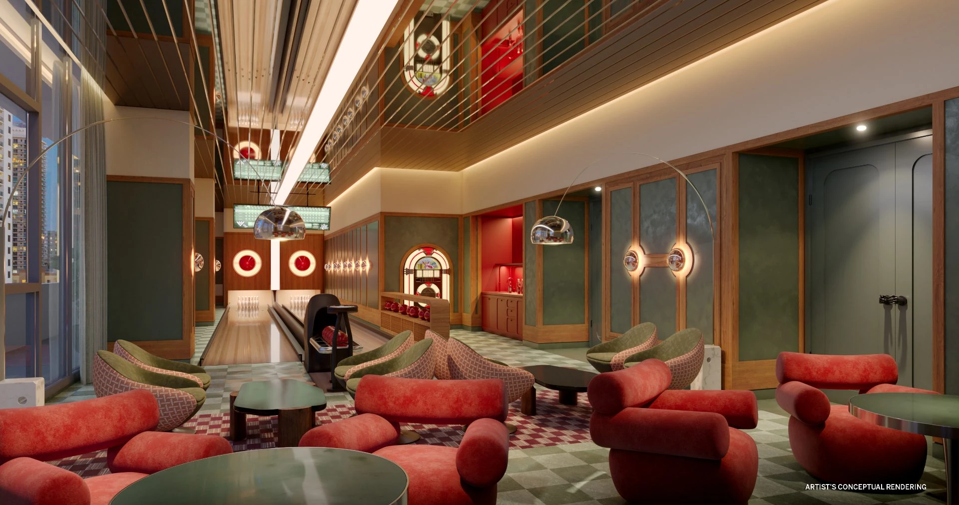 The Standard Residences Brickell — salón de residentes con boliche, sillones rojos y paneles verdes