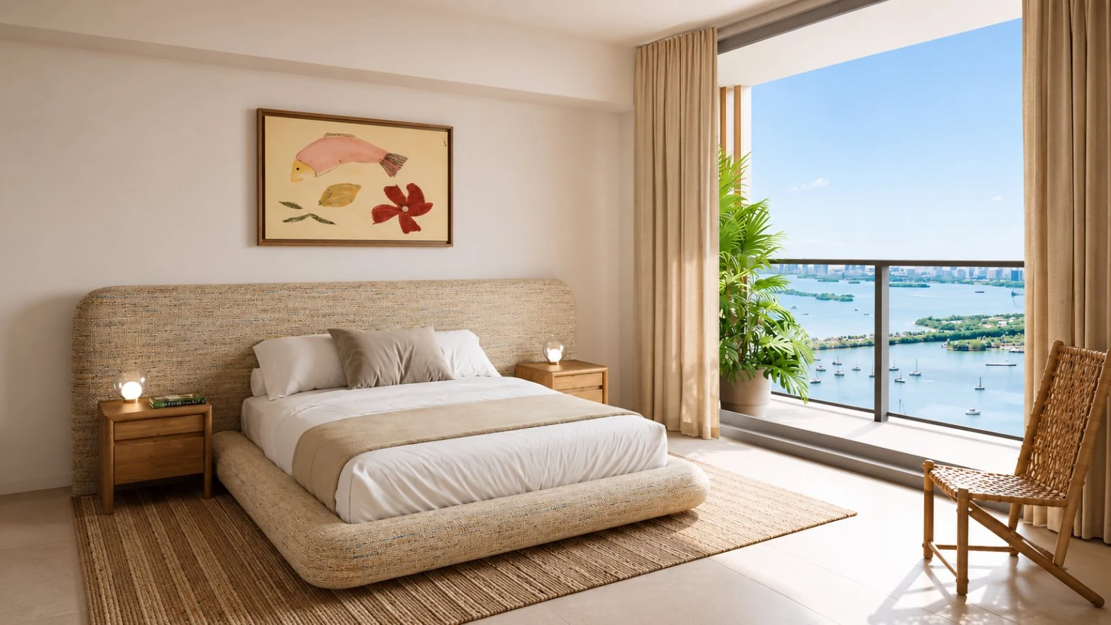 The William — dormitorio principal con ventanal de piso a techo y salida a la terraza sobre la bahía