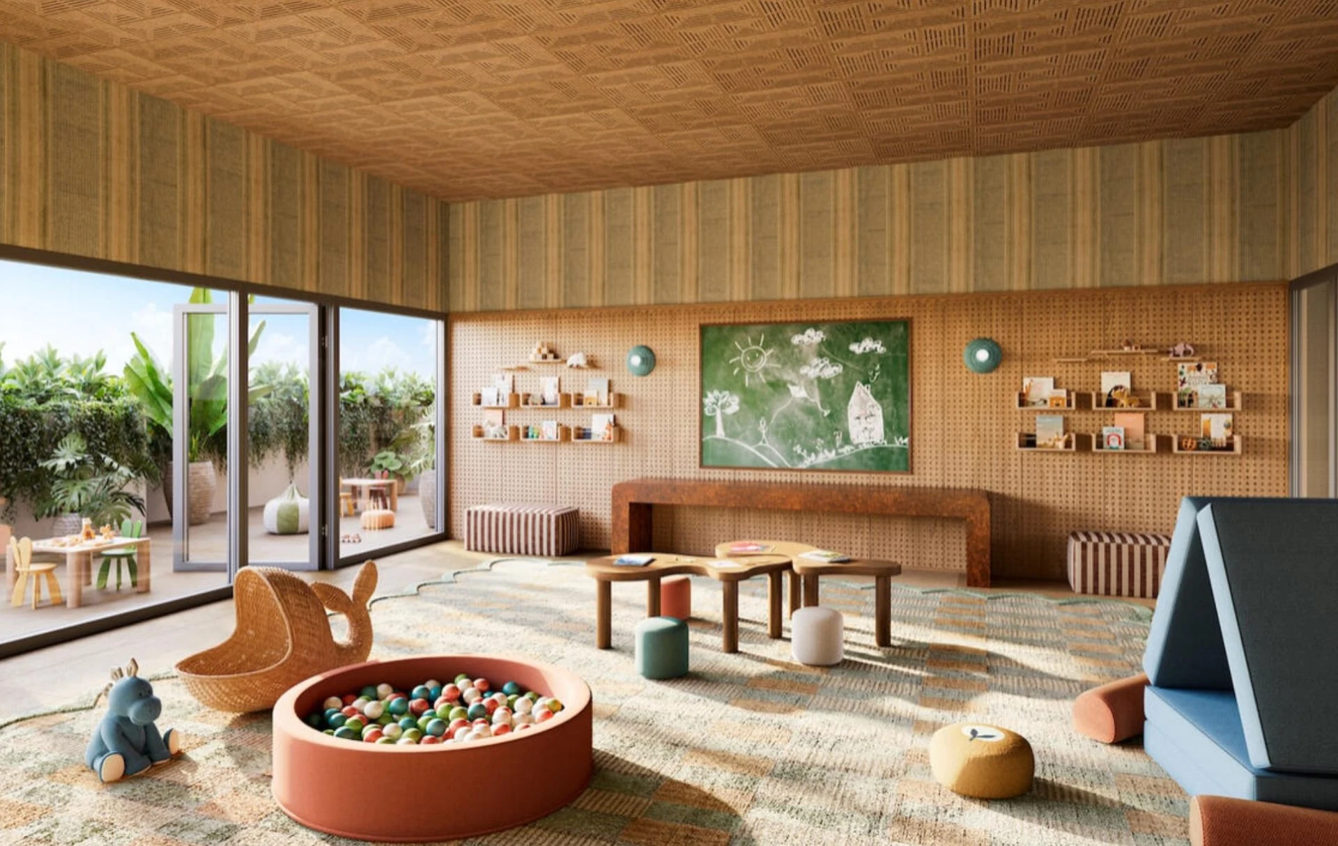 The William — sala de juegos infantil con alberca de pelotas, estantería y salida al patio