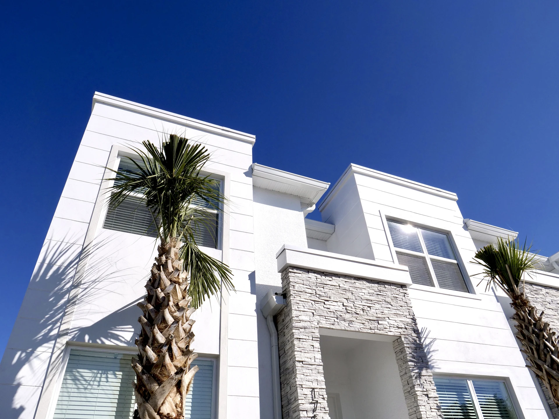 Tranquility Townhomes — fachada de dos plantas con acento de piedra y palmeras