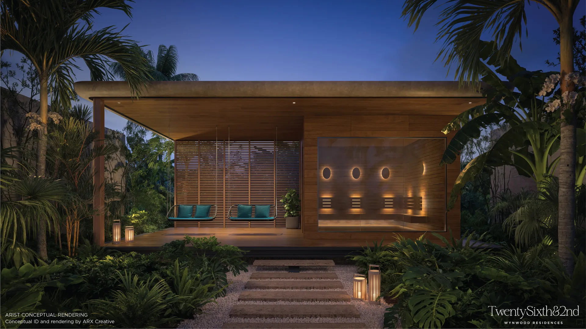 Twenty Sixth & 2nd Wynwood Residences — cabaña de sauna infrarroja de madera al atardecer, entre jardines