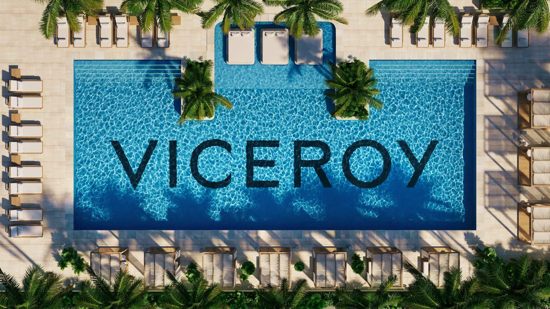 Viceroy Brickell — piscina con el logotipo de la marca en el fondo, cabañas y palmeras alrededor