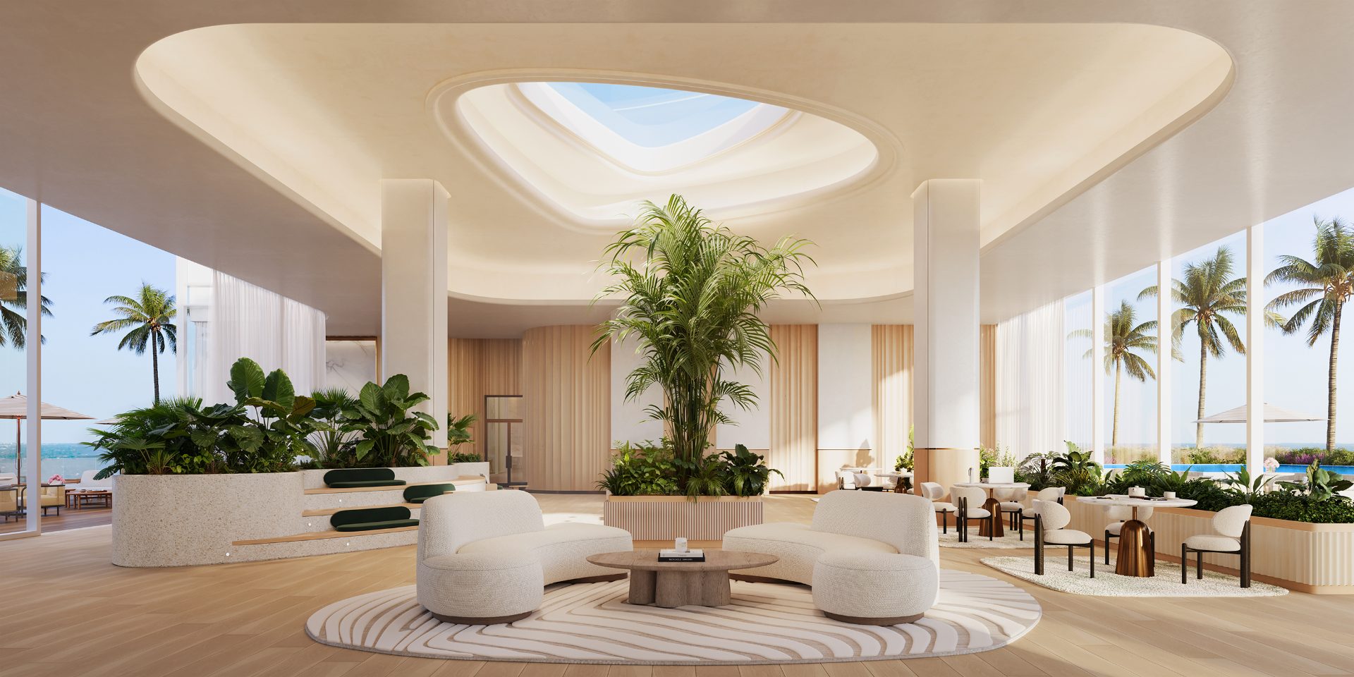 Viceroy Brickell — lounge de residentes con columnas revestidas de vegetación y vista al agua