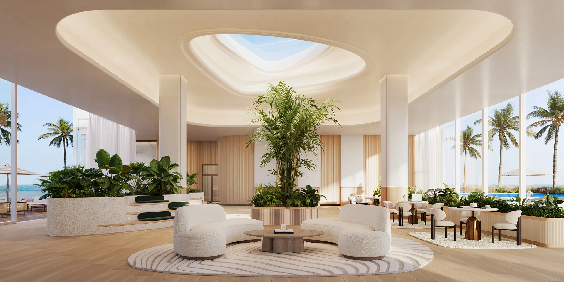 Viceroy Ft. Lauderdale — salón del nivel de amenidades con óculo cenital, jardinería interior, asientos curvos y salida a la terraza de la piscina