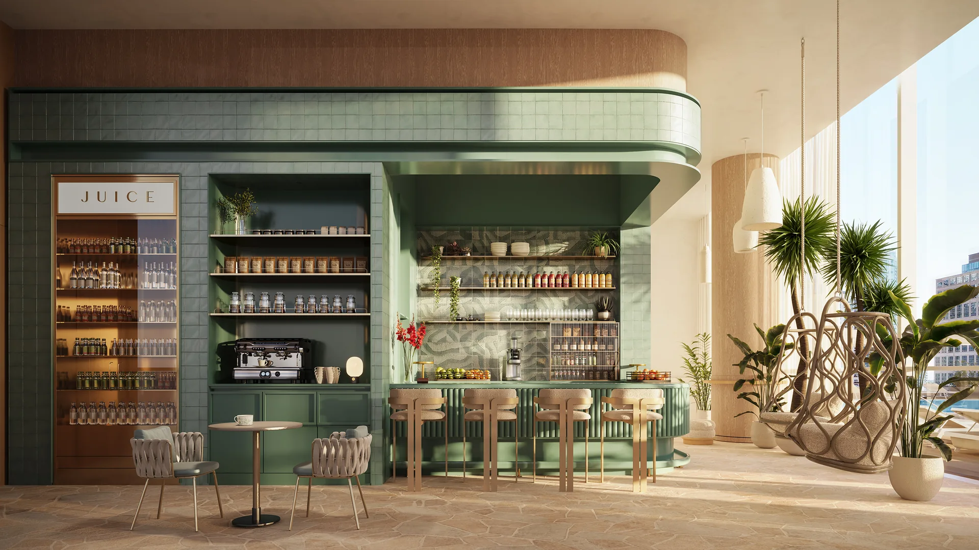 Viceroy Ft. Lauderdale — juice bar con barra de azulejo verde, taburetes y mesas, junto al nivel de amenidades