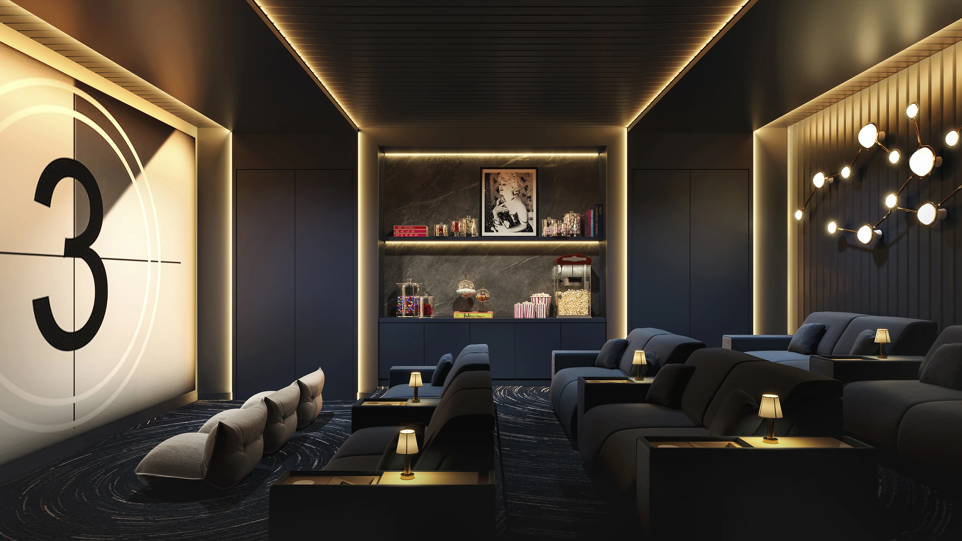 Viceroy Ft. Lauderdale — sala de cine privada con butacas tipo sofá, pantalla y estanterías iluminadas