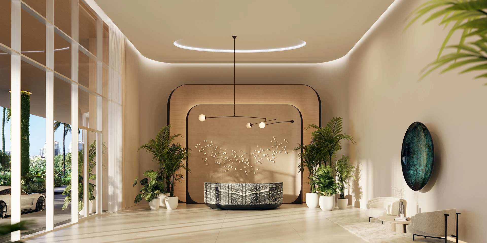 Viceroy Ft. Lauderdale — vestíbulo con mostrador de recepción, lámpara escultural y ventanales de piso a techo hacia la entrada