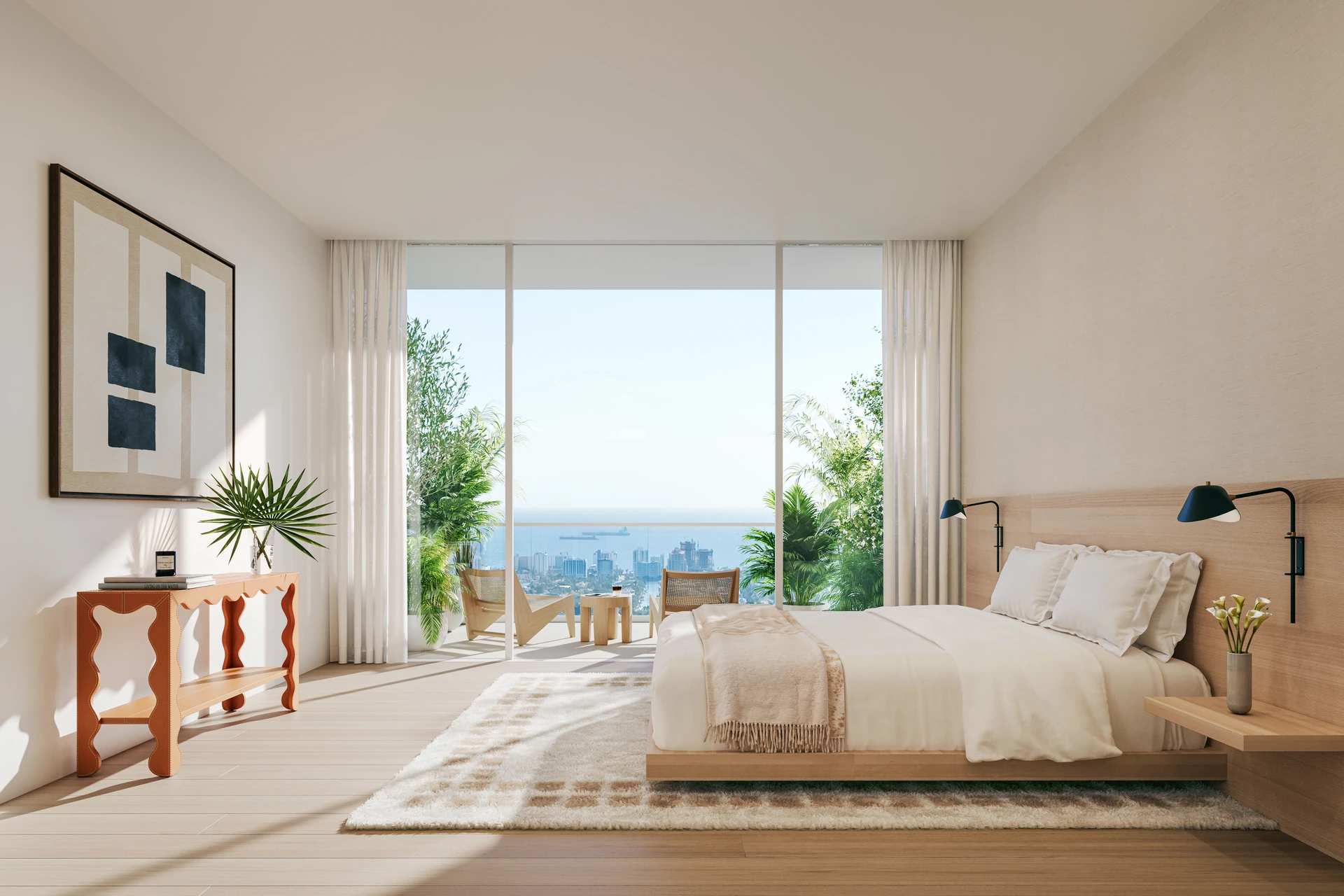 Viceroy Ft. Lauderdale — dormitorio principal con piso de roble claro y salida a la terraza con vista a la ciudad y al mar