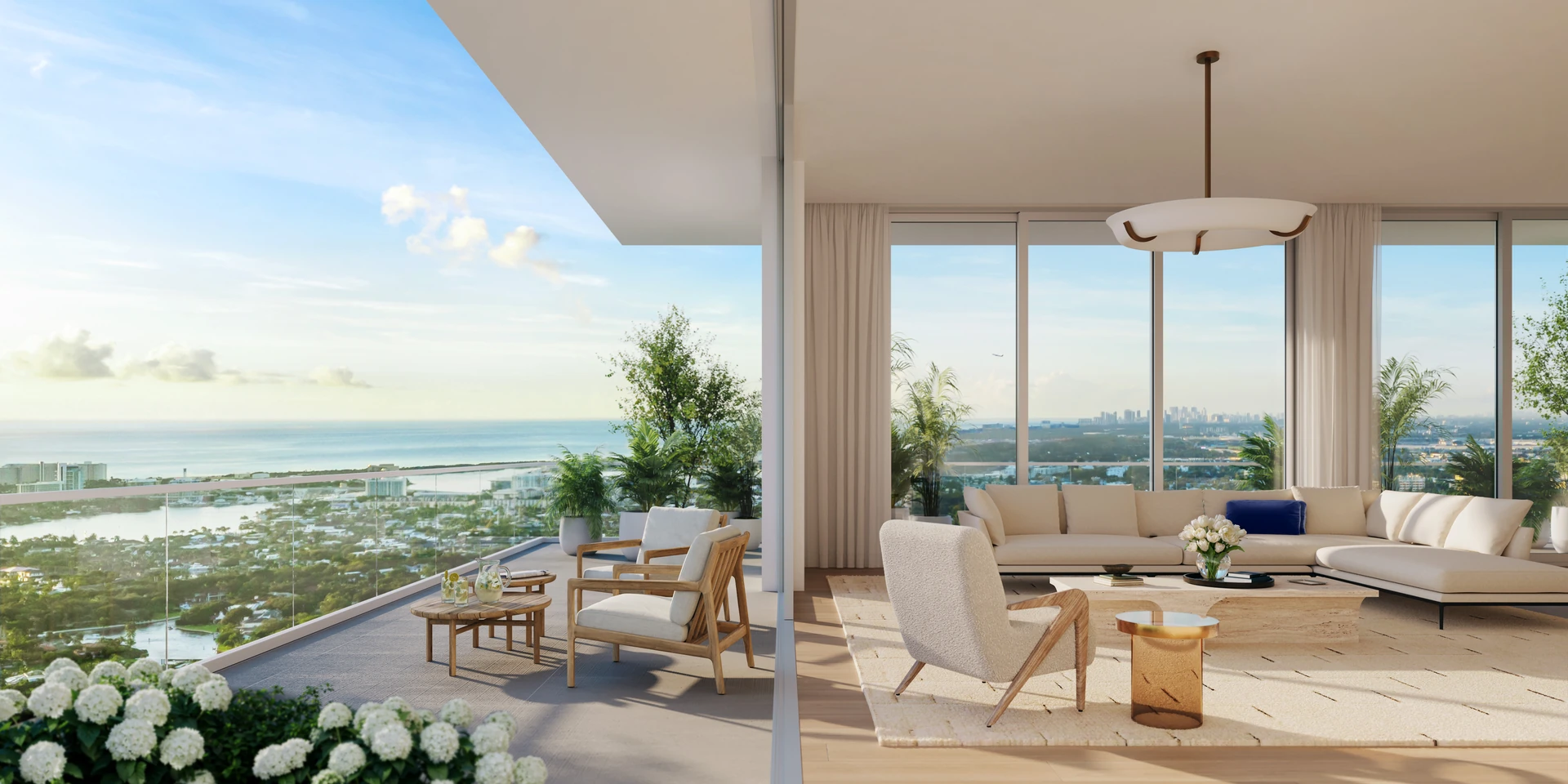 Viceroy Ft. Lauderdale — terraza amueblada de una residencia y sala contigua, con vista panorámica al Intracoastal y al océano