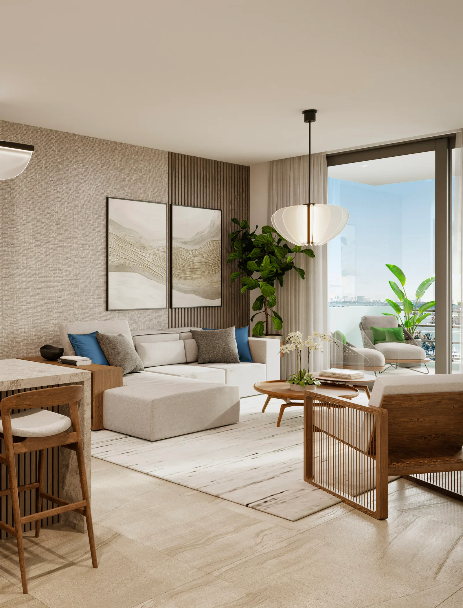 Vista Harbor — sala y comedor de una residencia con sofá seccional y puerta corrediza de vidrio hacia un balcón con vista al agua