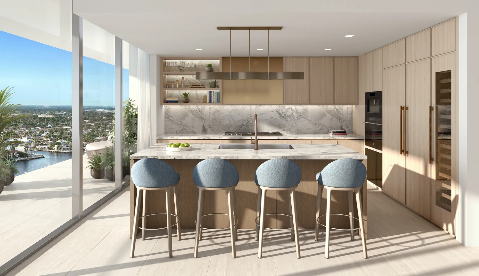 W Pompano Beach Hotel & Residences — cocina italiana con isla y vista al mar
