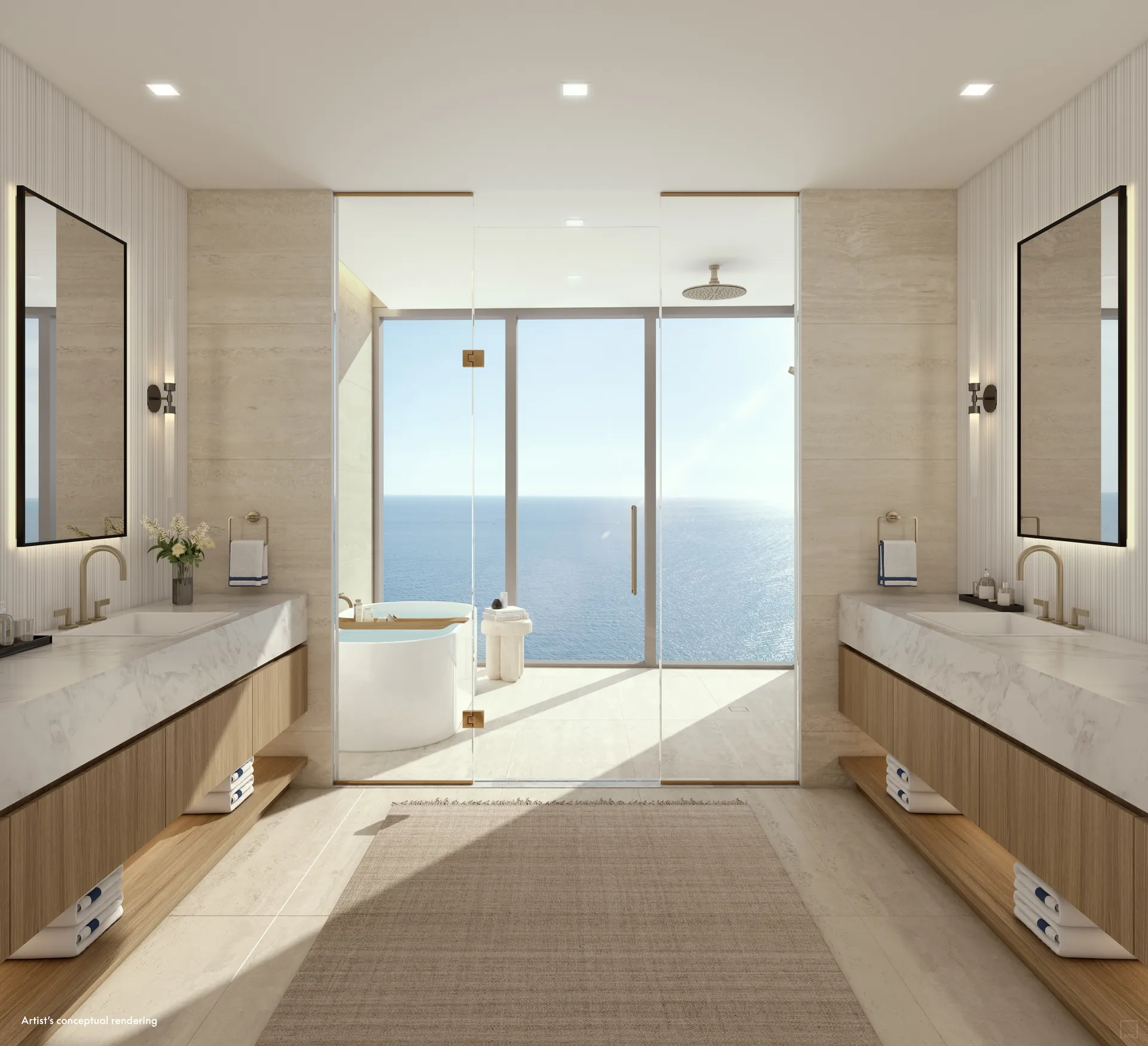 W Pompano Beach Hotel & Residences — baño principal con doble tocador y vista al mar