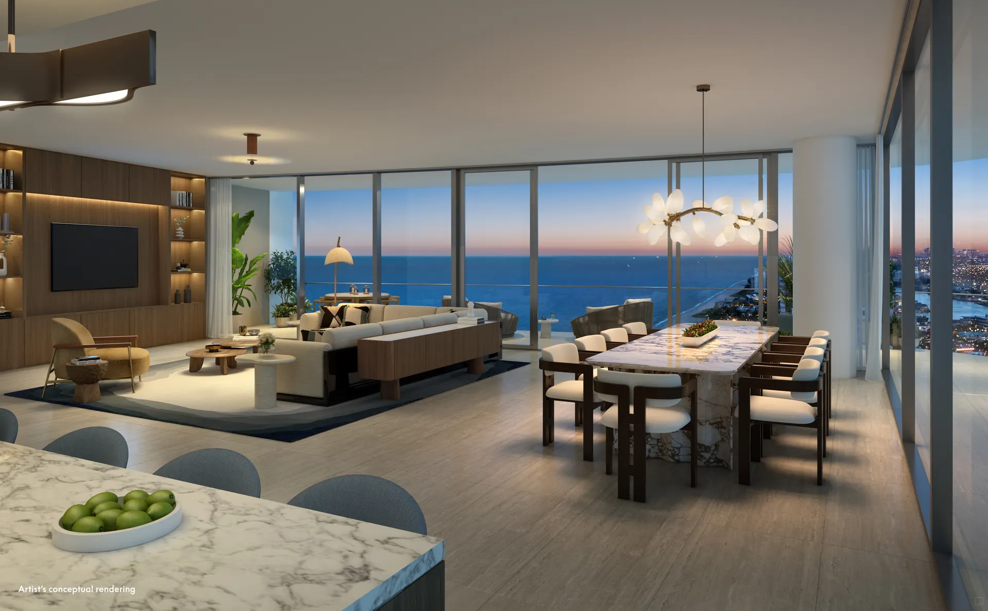 W Pompano Beach Hotel & Residences — sala y comedor con vista abierta al mar