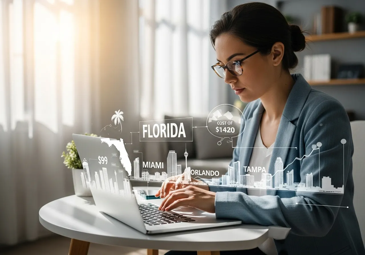 Persona revisando su laptop con gráficos financieros sobre el costo de vida en Florida.