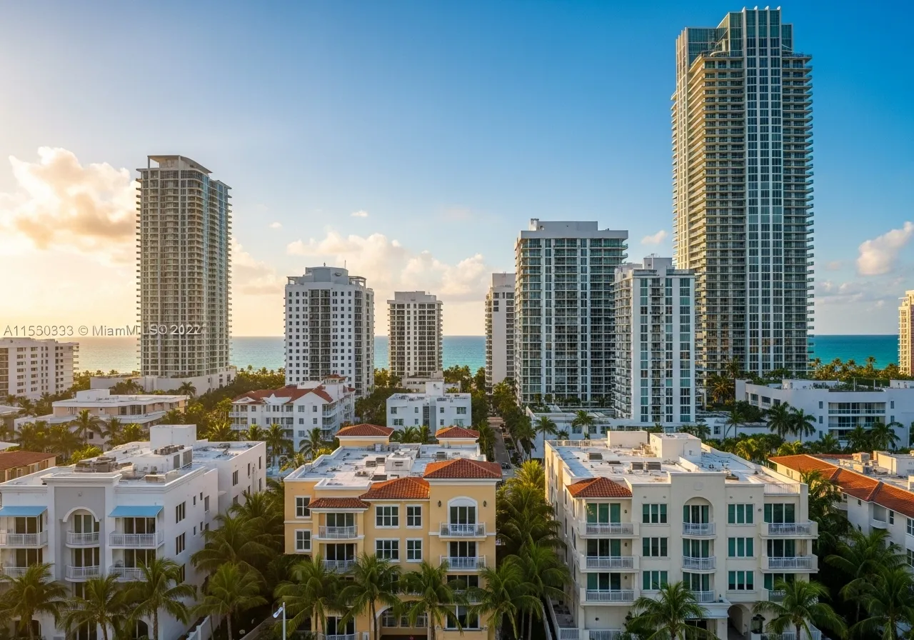 Paisaje urbano de Miami con énfasis en bienes raíces.
