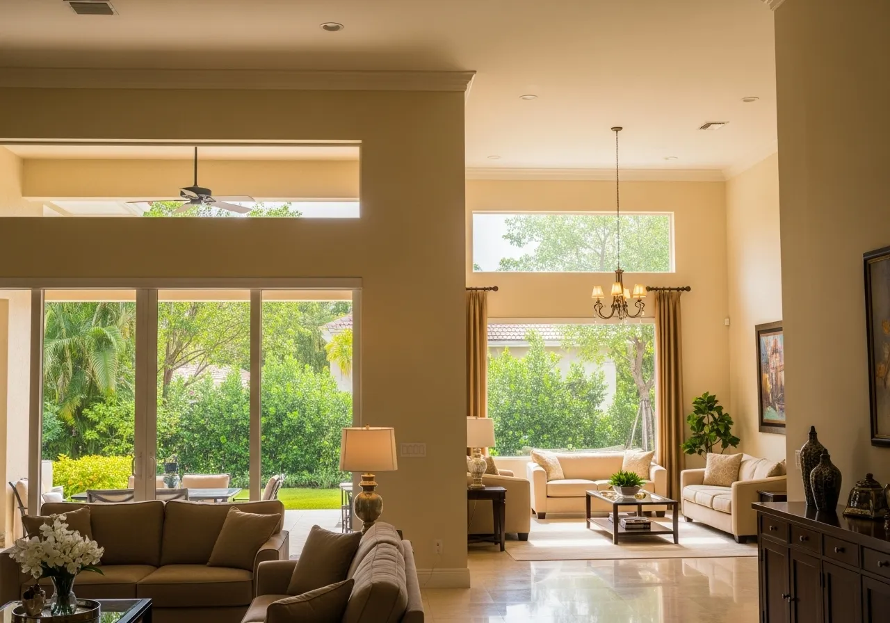 Interior de una casa suburbana en Miami con luz natural.