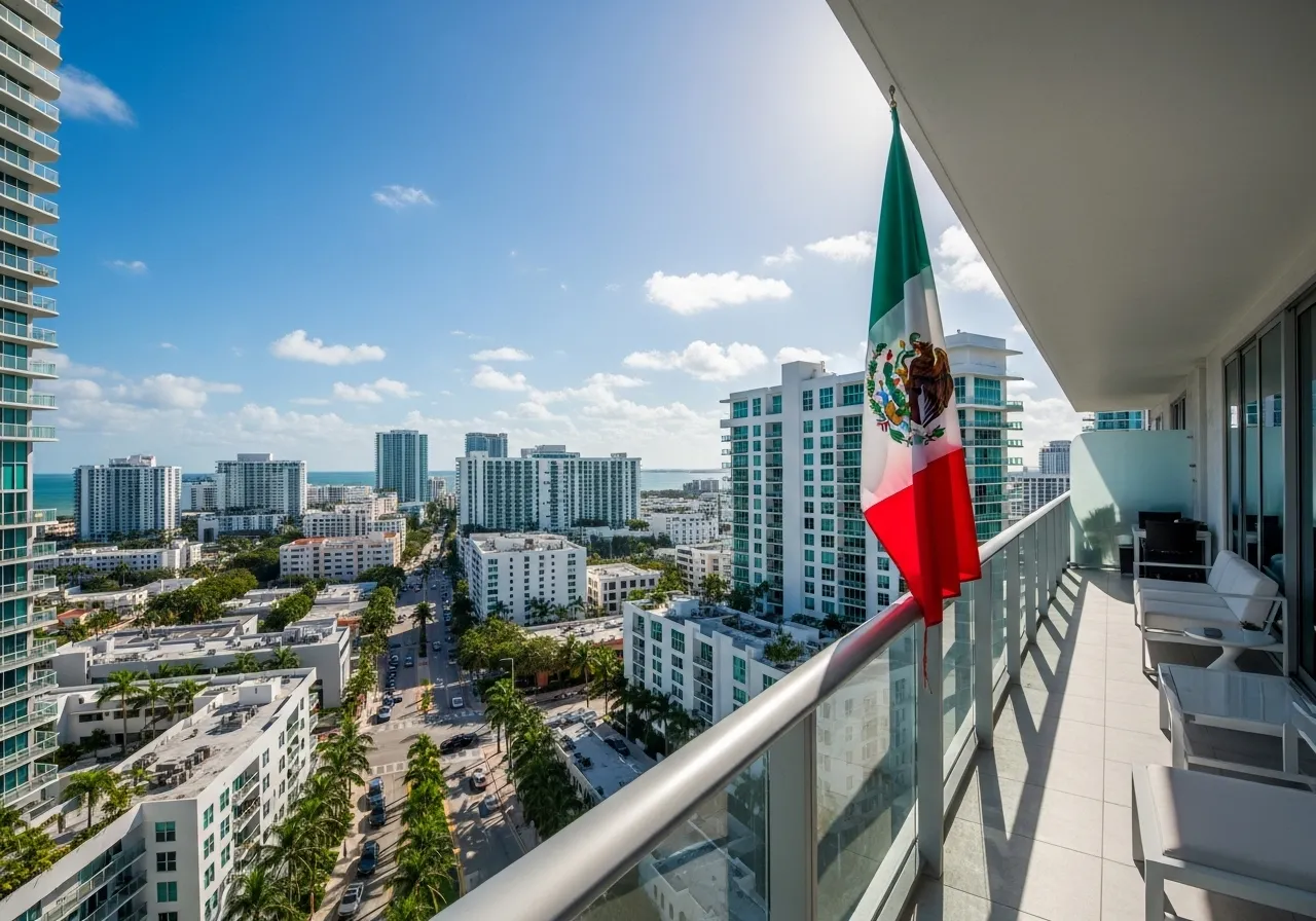 Realistic view of a Miami apartment with a Mexican flag and city skyline.