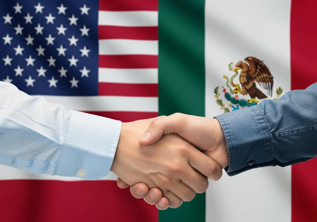 Close-up of US and Mexico flags with a handshake.