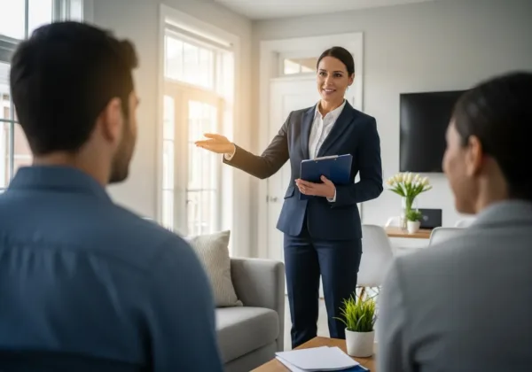 Agente inmobiliario mostrando una casa de forma segura.