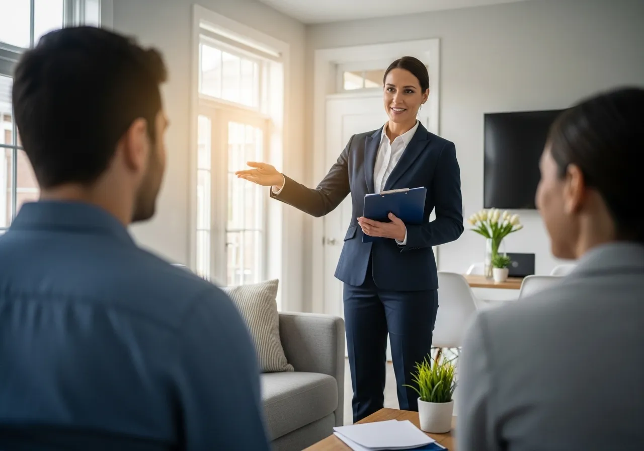 Agente inmobiliario mostrando una casa de forma segura.