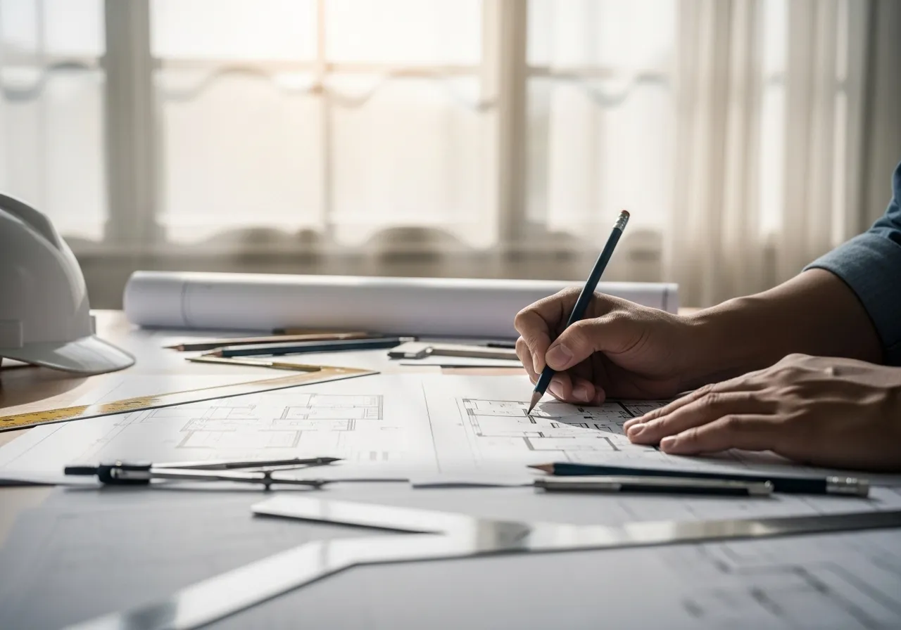 Architect drawing house plans on a desk.